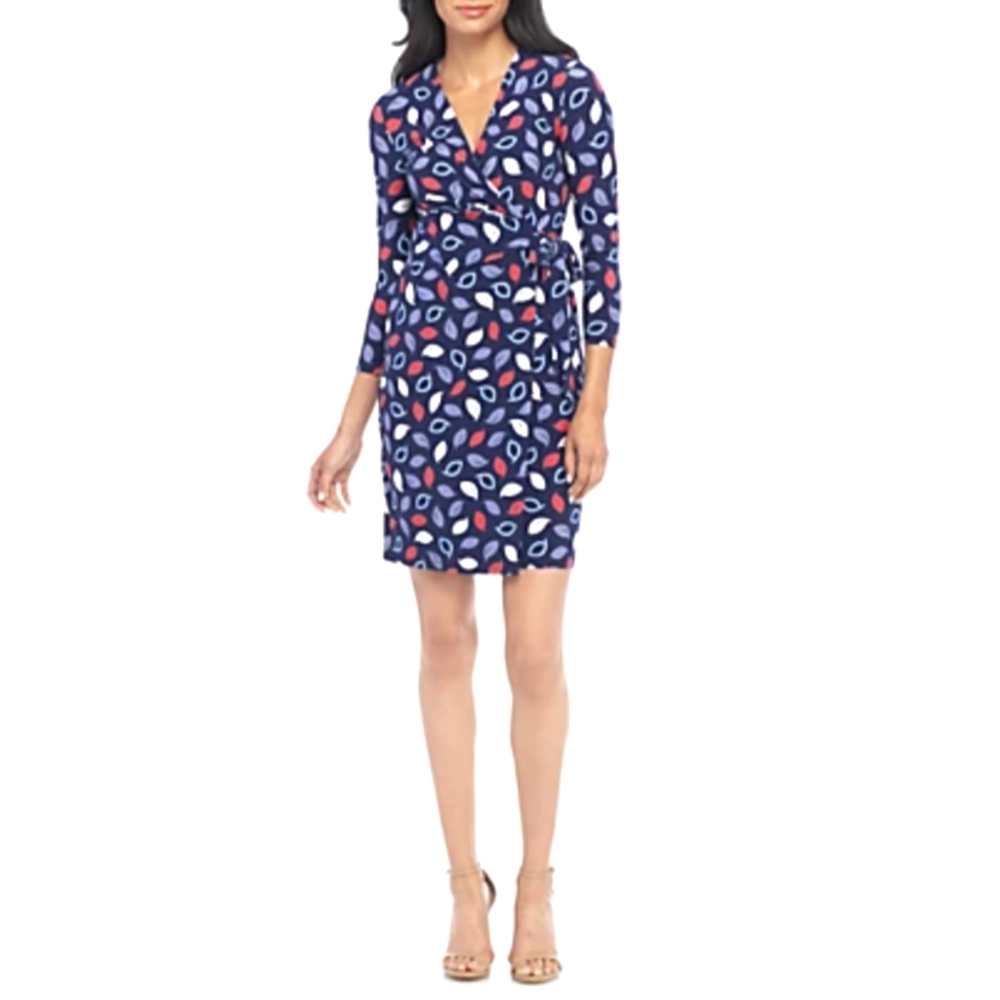Anne Klein Navy Wrap Midi Dress with Pink and White Leaf Print